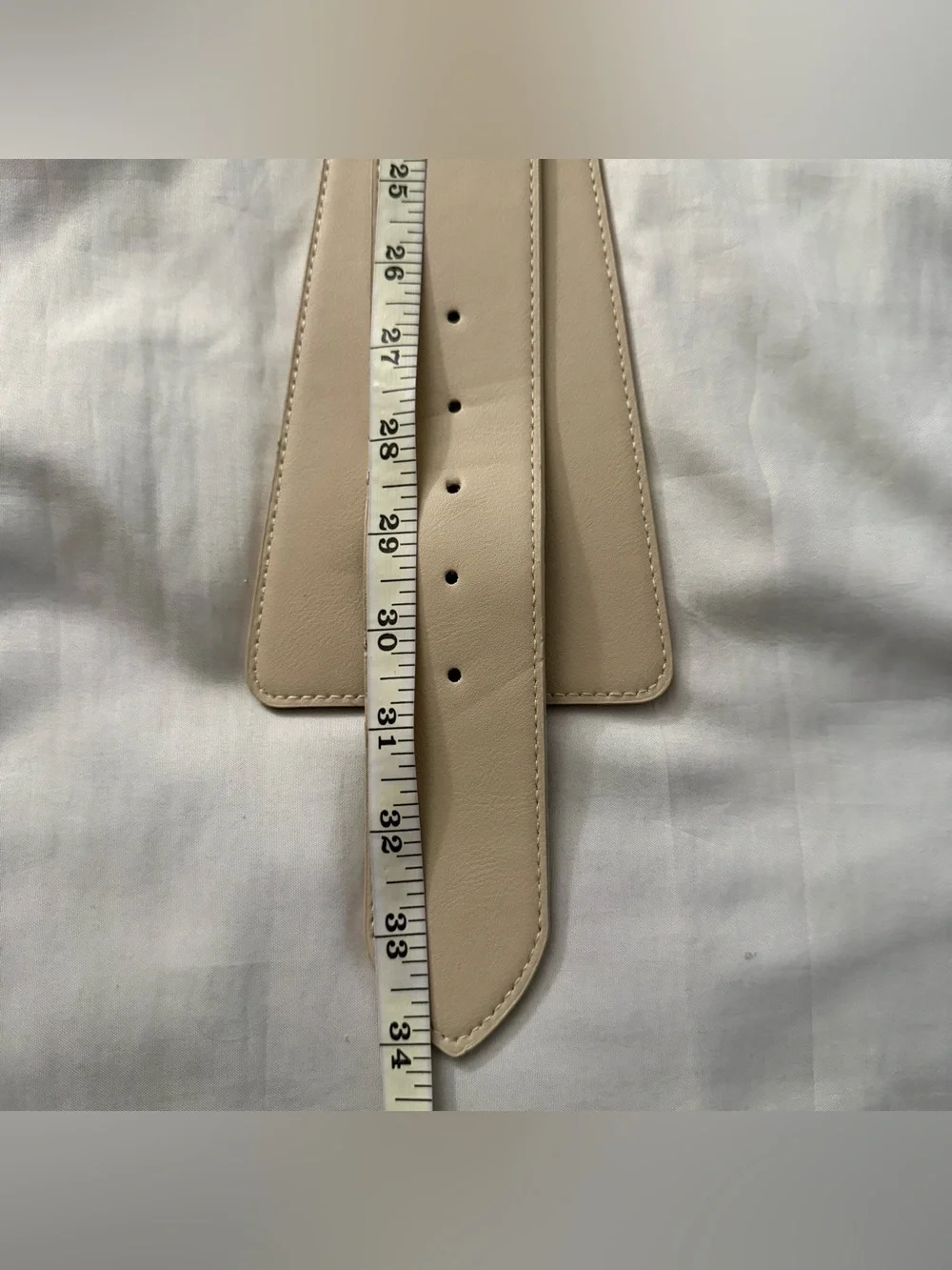 Beige wide PU leather elastic waistband belt with gold tone buckle